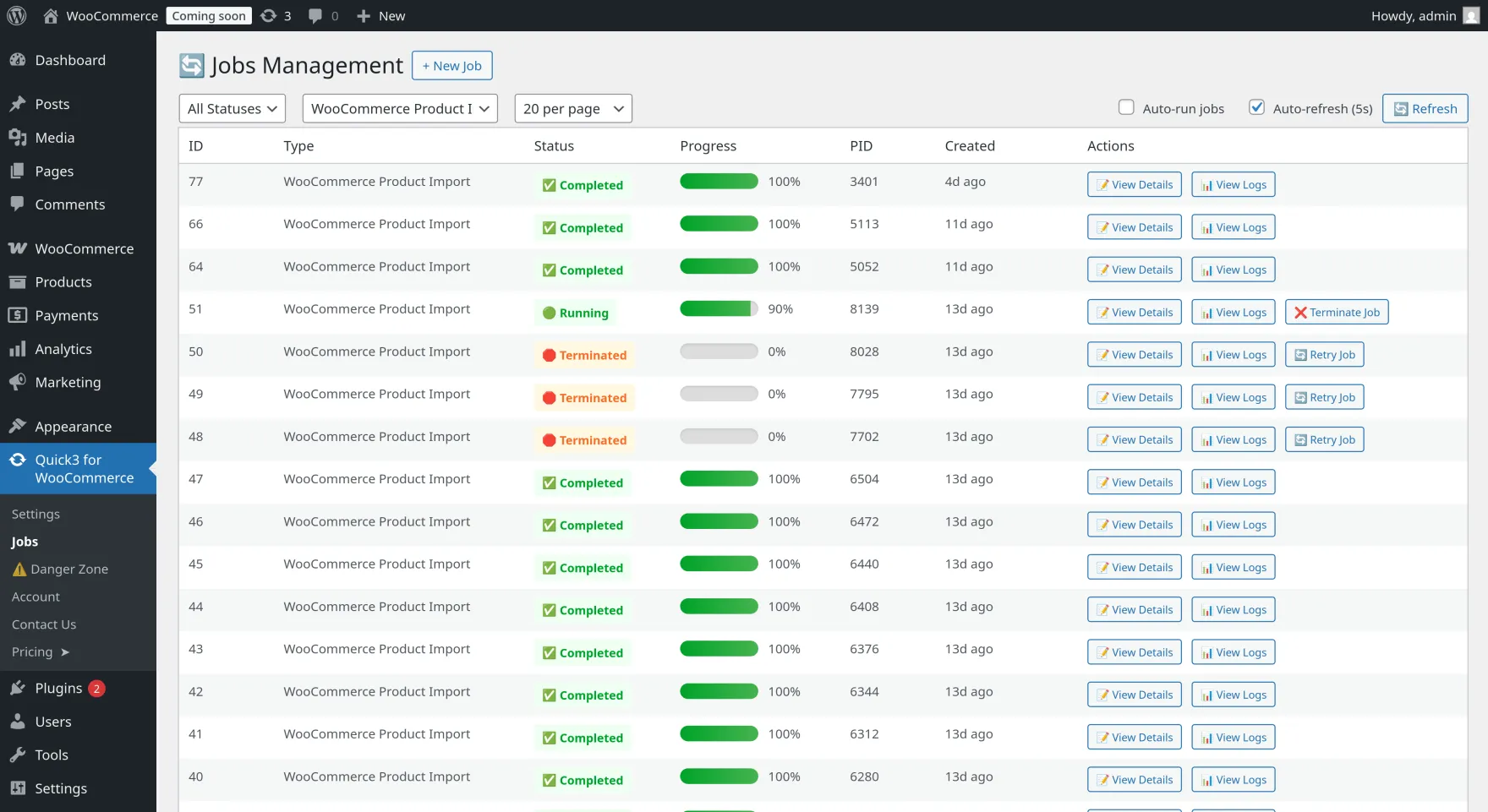 Quick3 for WooCommerce - Jobs Management Dashboard
